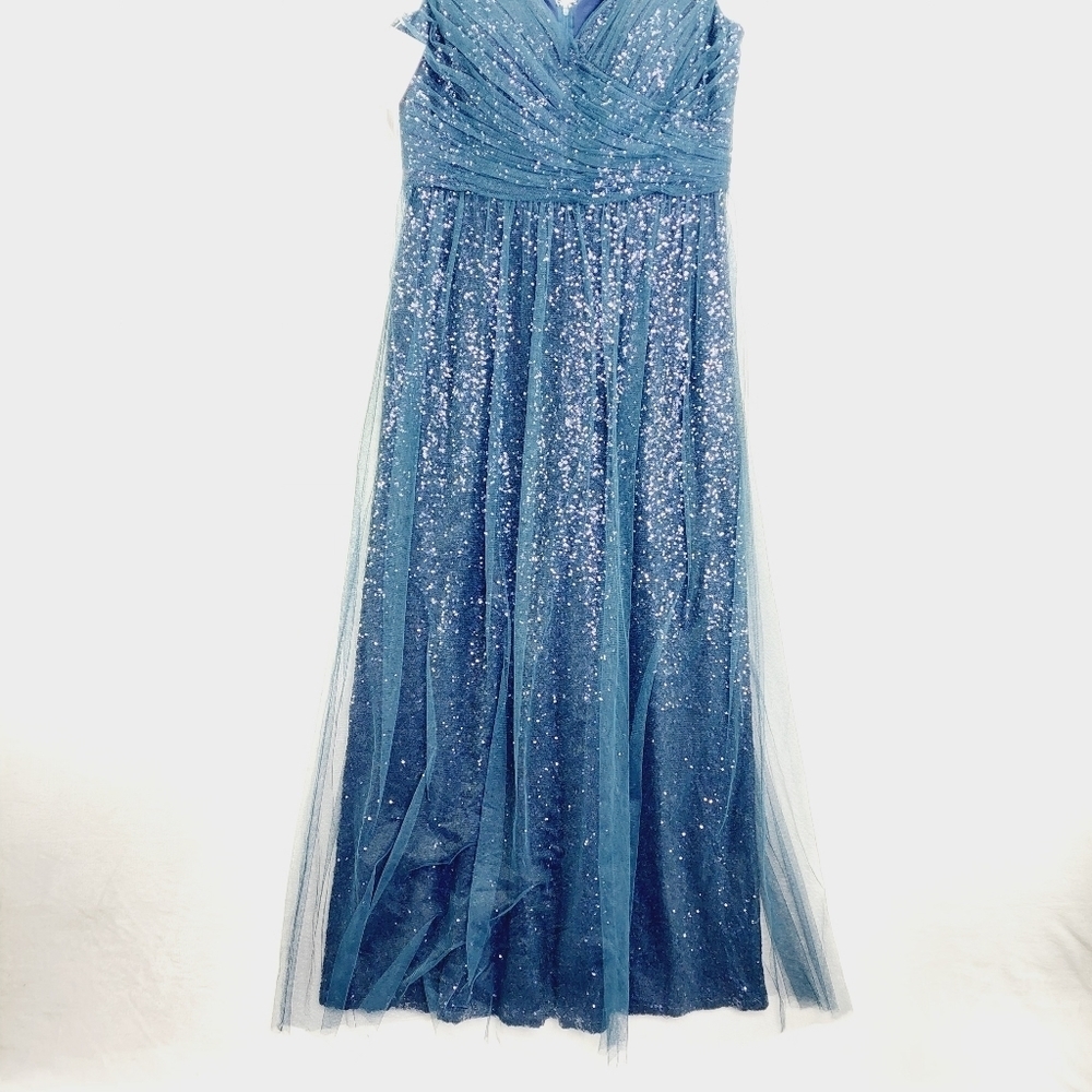 NEW Christina Wu Navy Blue Tulle & Sequin V Neck Bridesmaid Maxi Dress Z40 - Picture 2 of 10